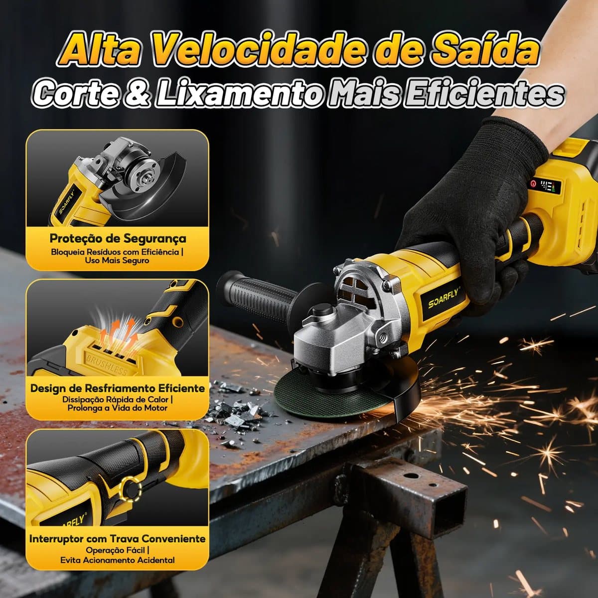Alta velocidade de saída: corte e lixamento mais eficientes