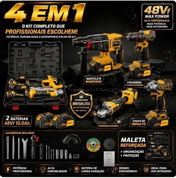 Kit 4 EM 1 SOARFLY 48Vf — 2 baterias 10.0Ah, maleta reforçada e acessórios inclusos