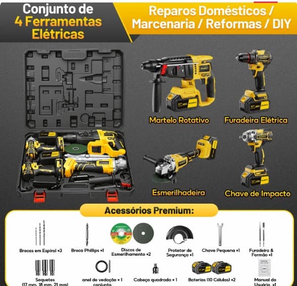 Conjunto de 4 ferramentas elétricas com acessórios premium para reparos domésticos, marcenaria, reformas e DIY